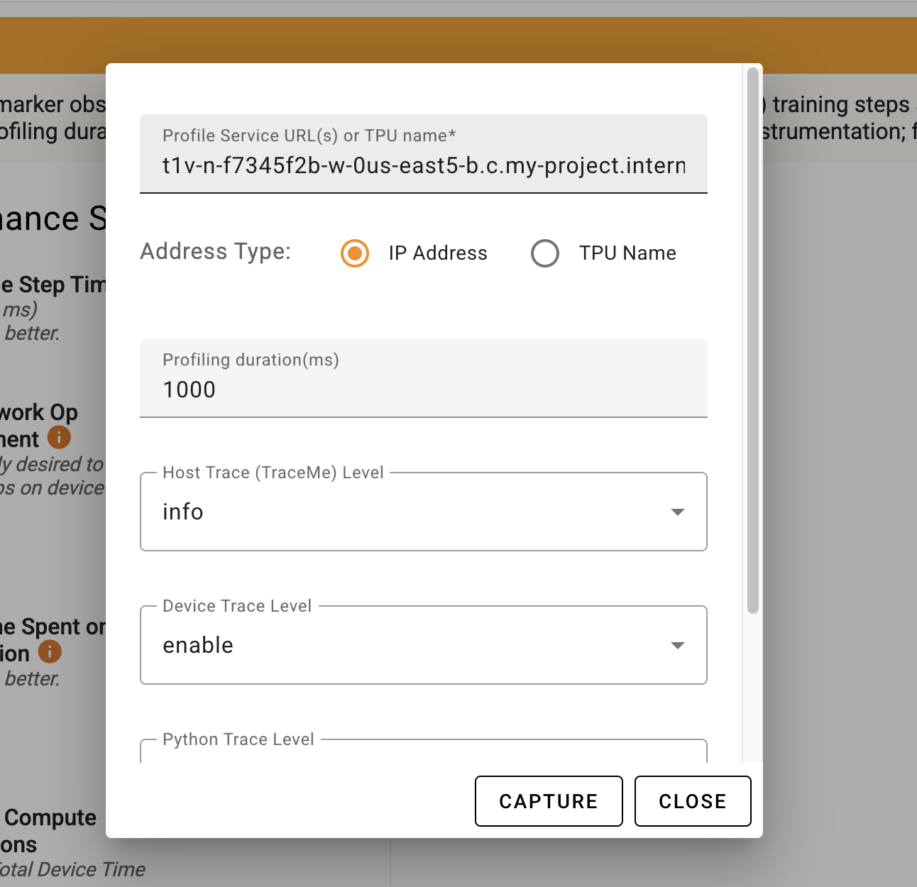 Complete form for TensorBoard UI profile capture