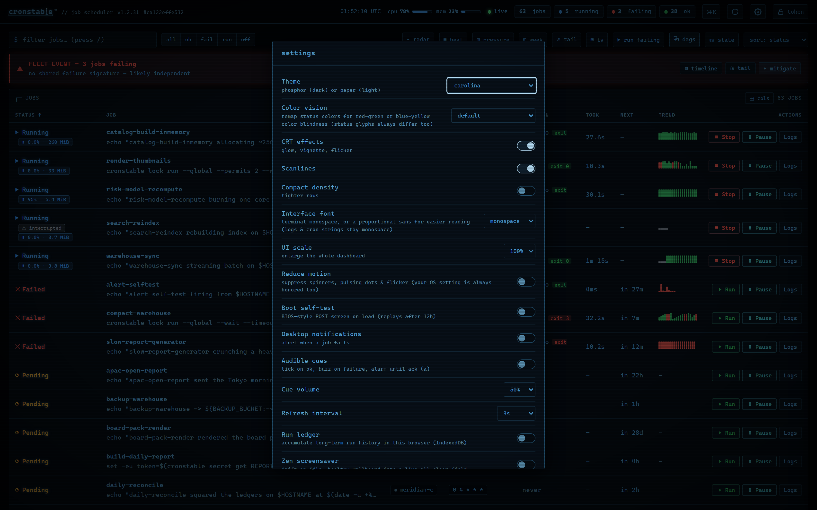 The settings panel: theme picker with standard selected, notifications, zen, and refresh interval