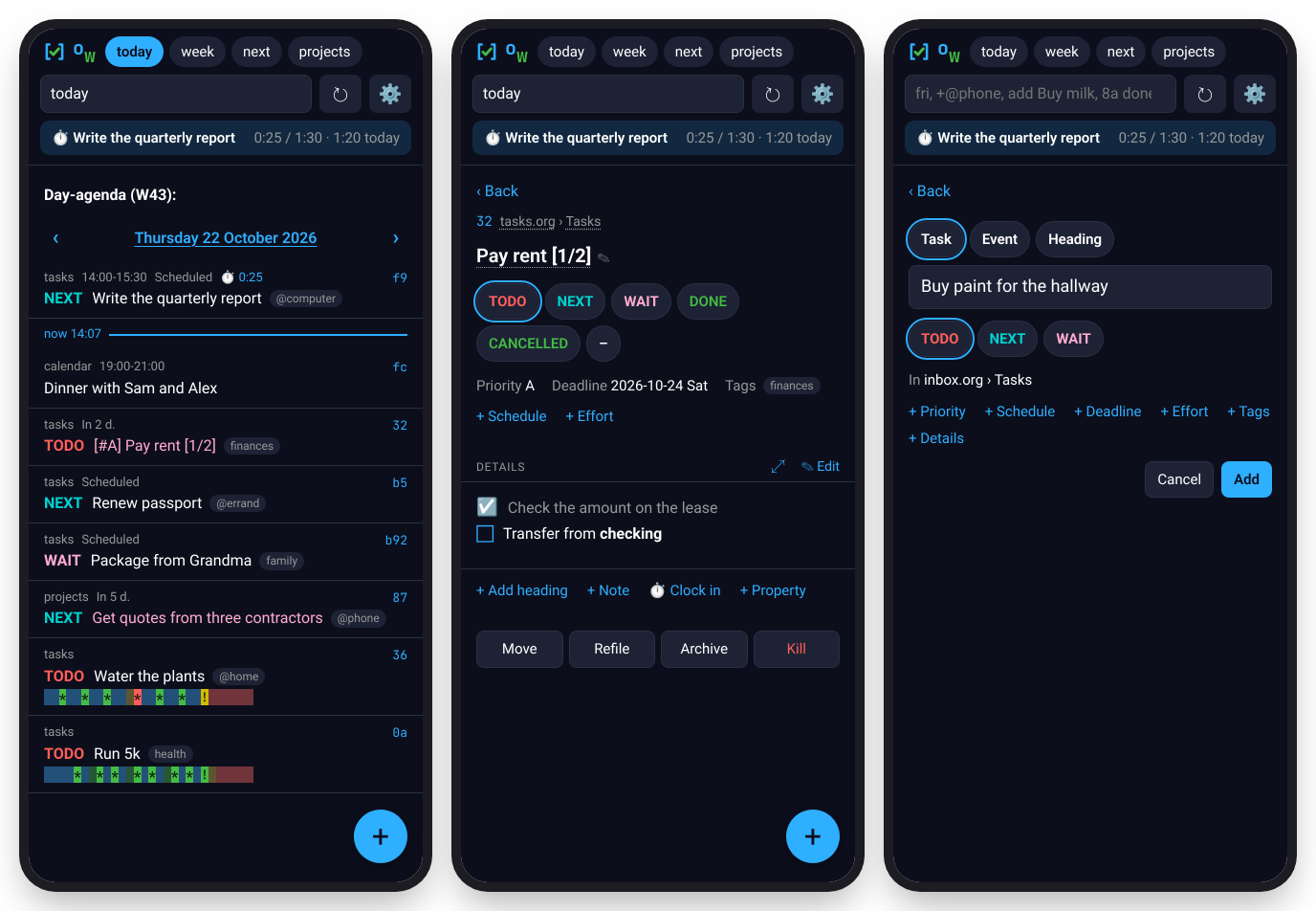 orgwarrior-web on a phone: today's agenda with habits and a running clock, a task with its states, fields and checklist, and the add page
