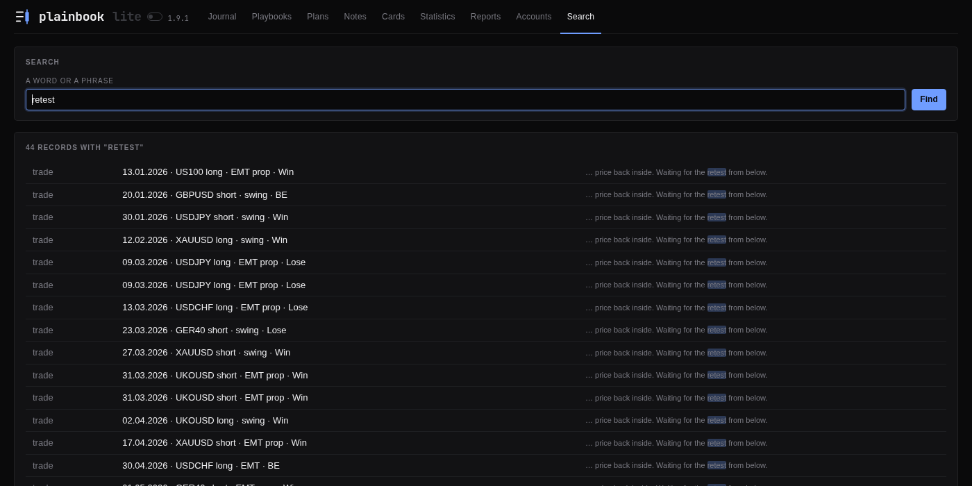 Search: every record with the word, the matching words shown around it