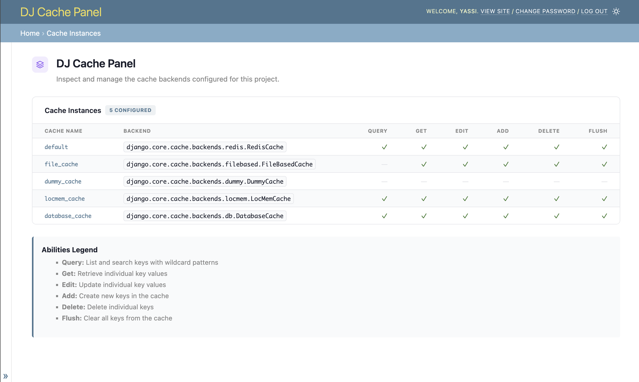 Django Cache Panel - Instance List