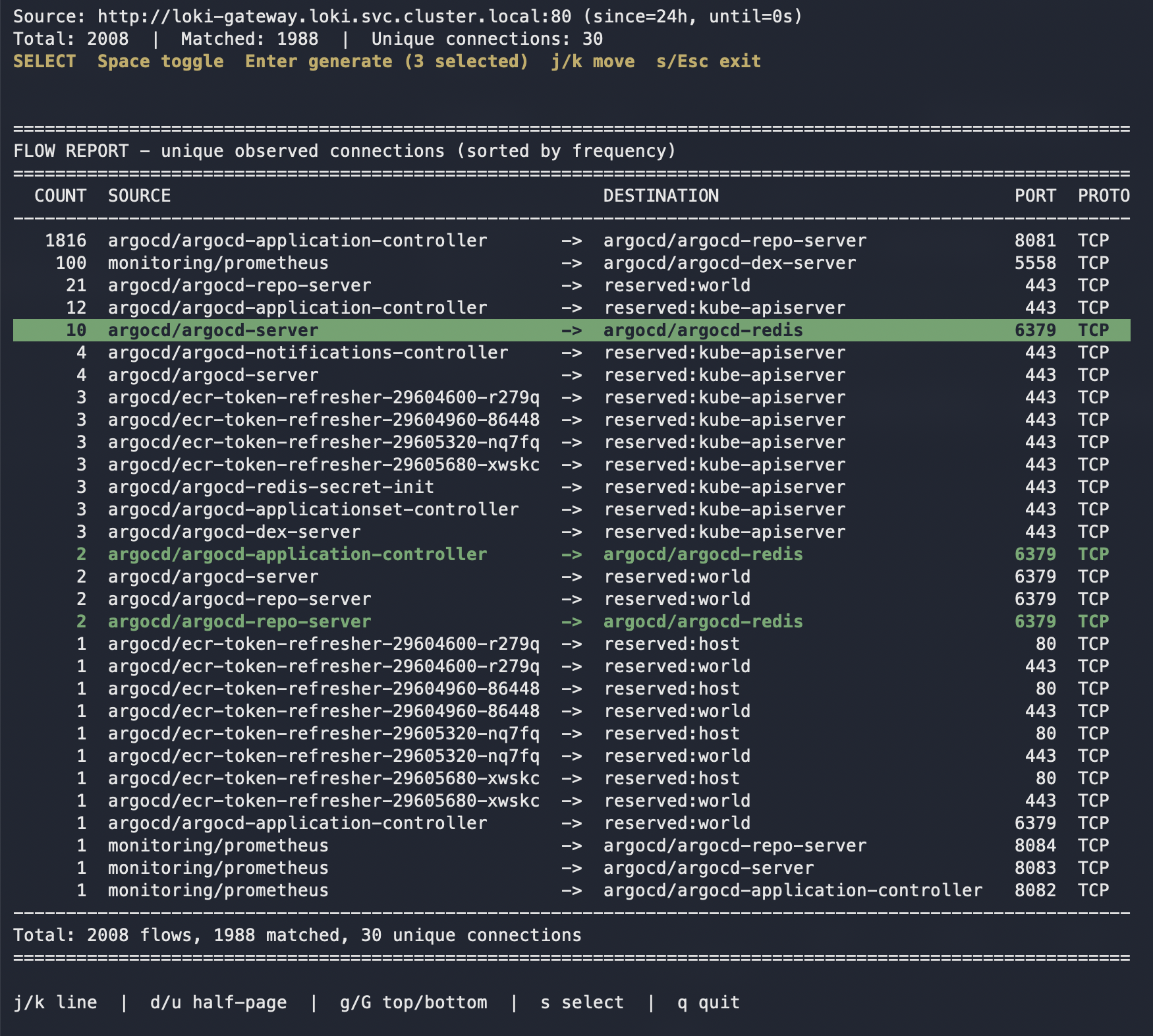 Flow report TUI showing observed connections from Loki