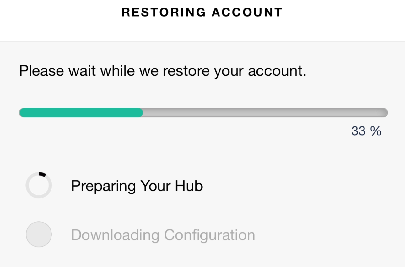 Restoring Account progress screen at the Pair/Reset prompt