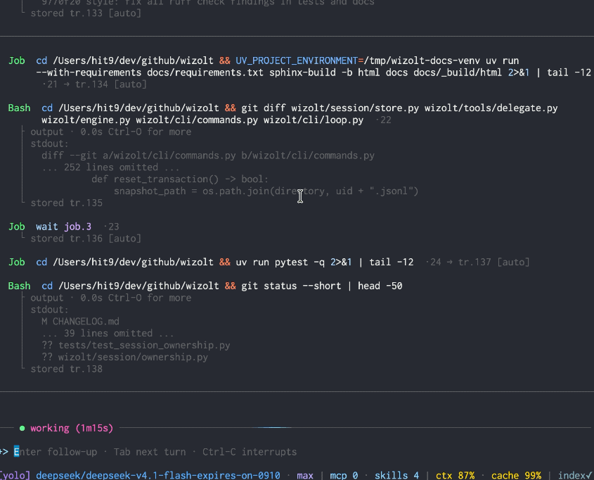 wizolt working through a long session with background jobs, an edit preview, and a live status bar