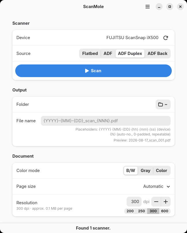 Screenshot: The ScanMole GUI with a connected ScanSnap iX500, ready to scan
