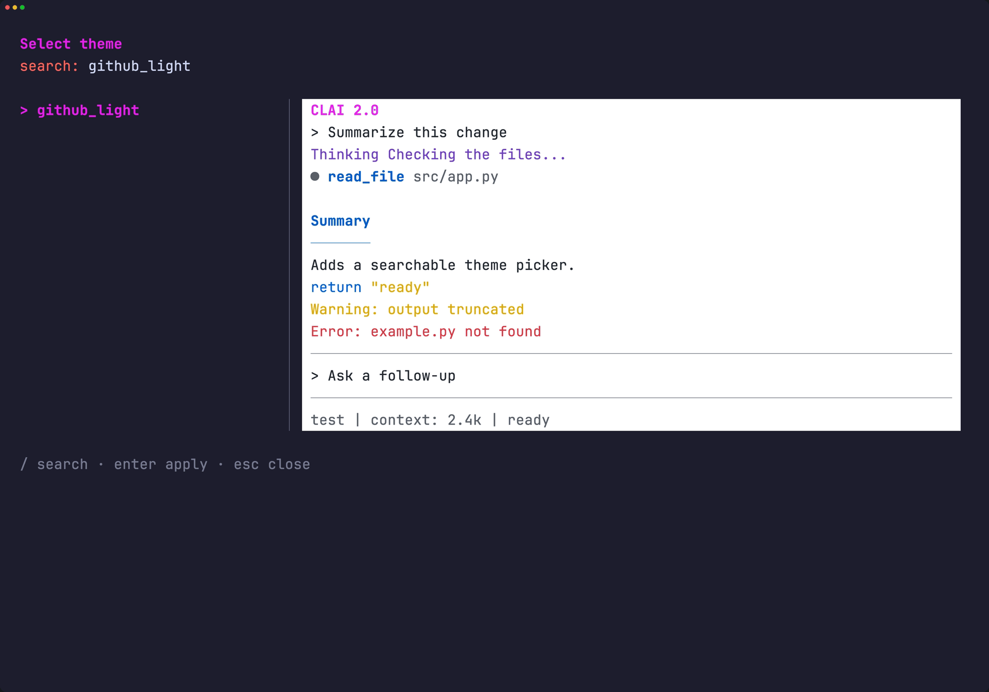 The /theme picker previewing github_light