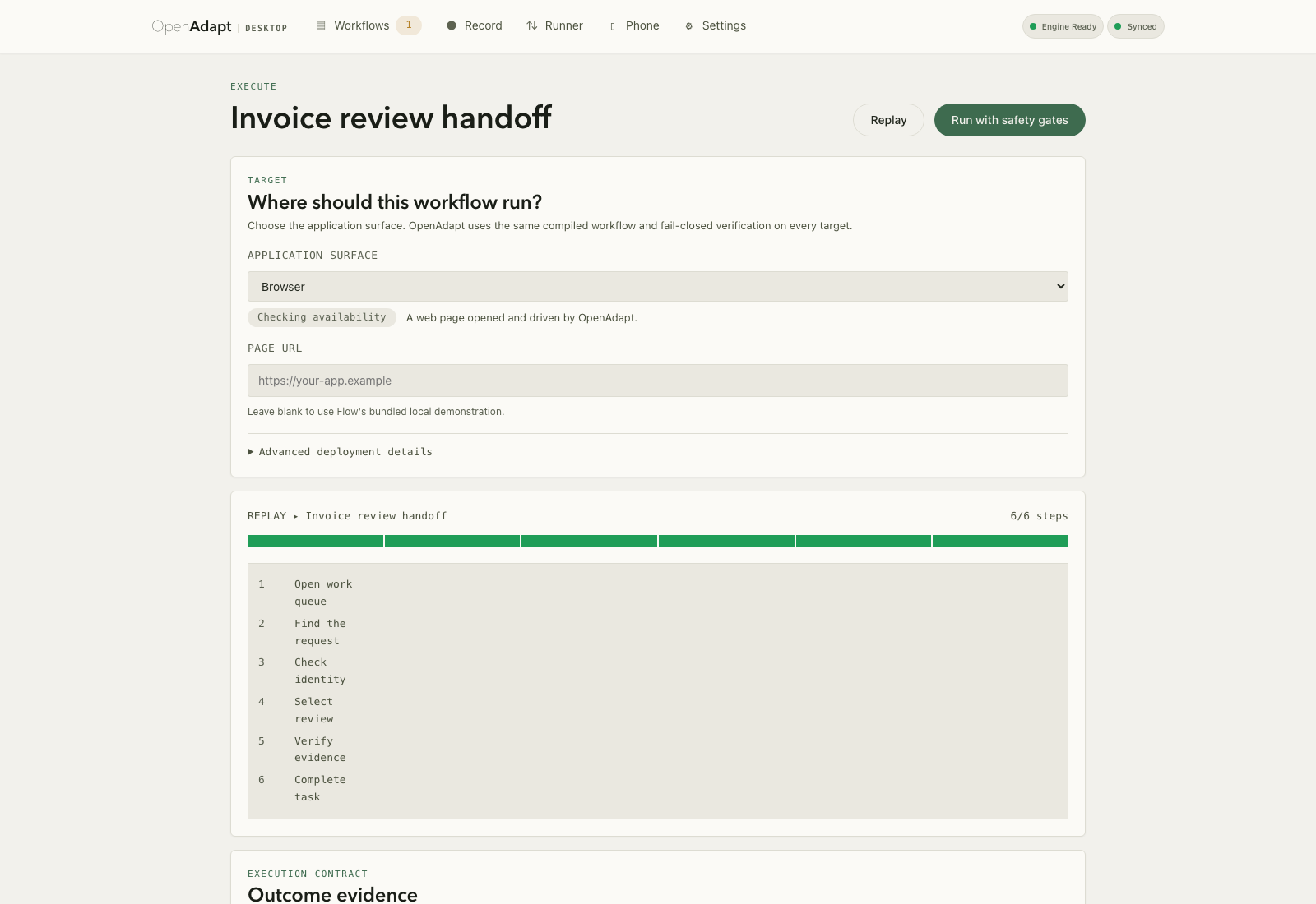Synthetic OpenAdapt Desktop PR #93 preview of a verified six-step workflow and its evidence contract