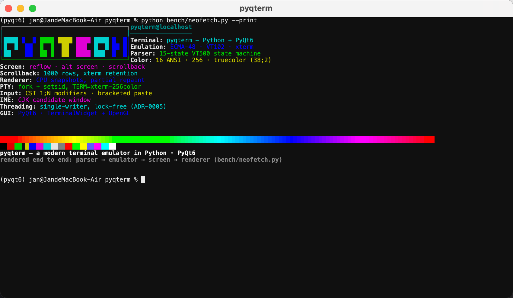 pyqtermx rendering a neofetch-style Arch Linux screen