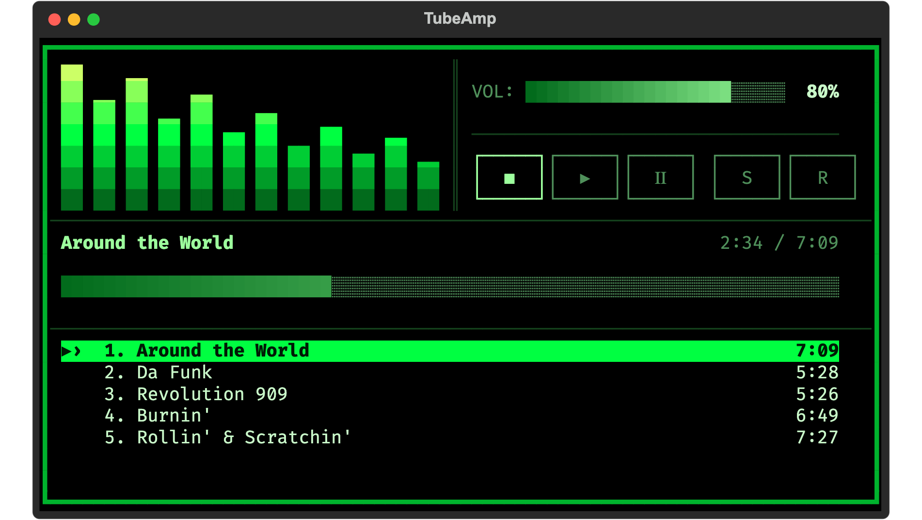 TubeAmp playing a track: the spectrum analyser, the transport controls and the queue