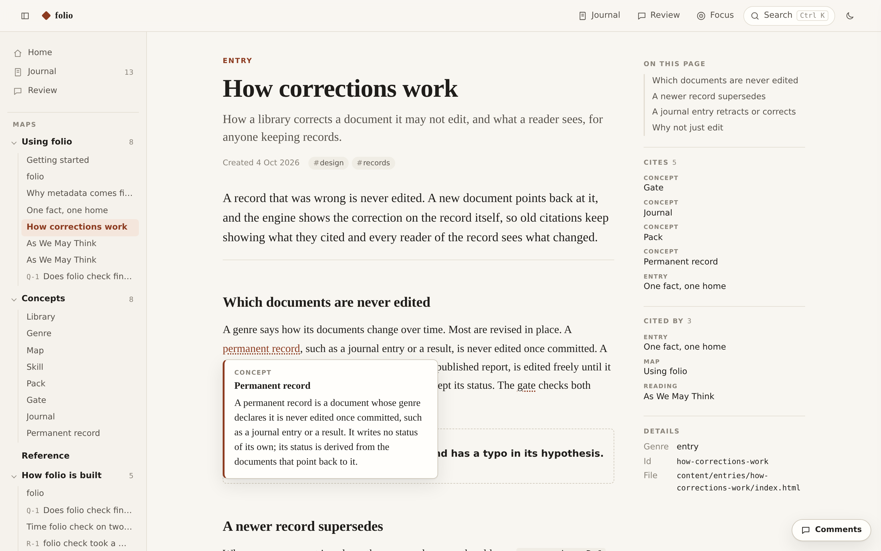 An entry in folio's shell, How corrections work, with the library rail on the left, the page panel on the right and a concept popover open over the link permanent record, showing that concept's definition.