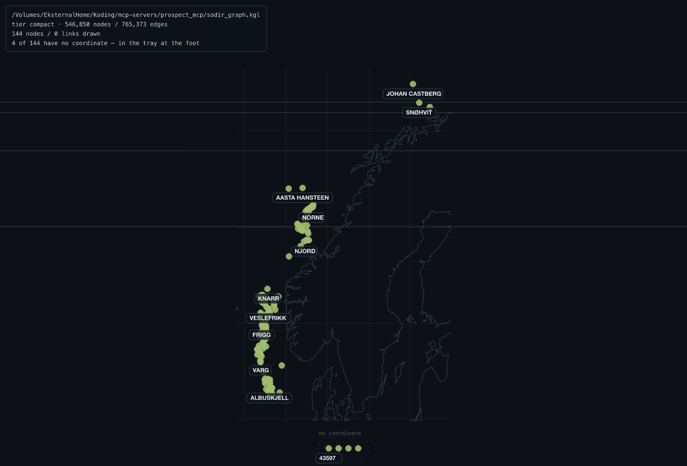 144 fields drawn where they actually are, on a real coastline at the scale the frame can resolve