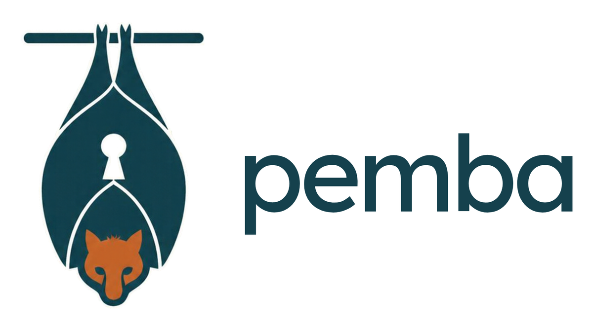 pemba logo: a fruit bat hanging from a branch, with a keyhole on its folded wings