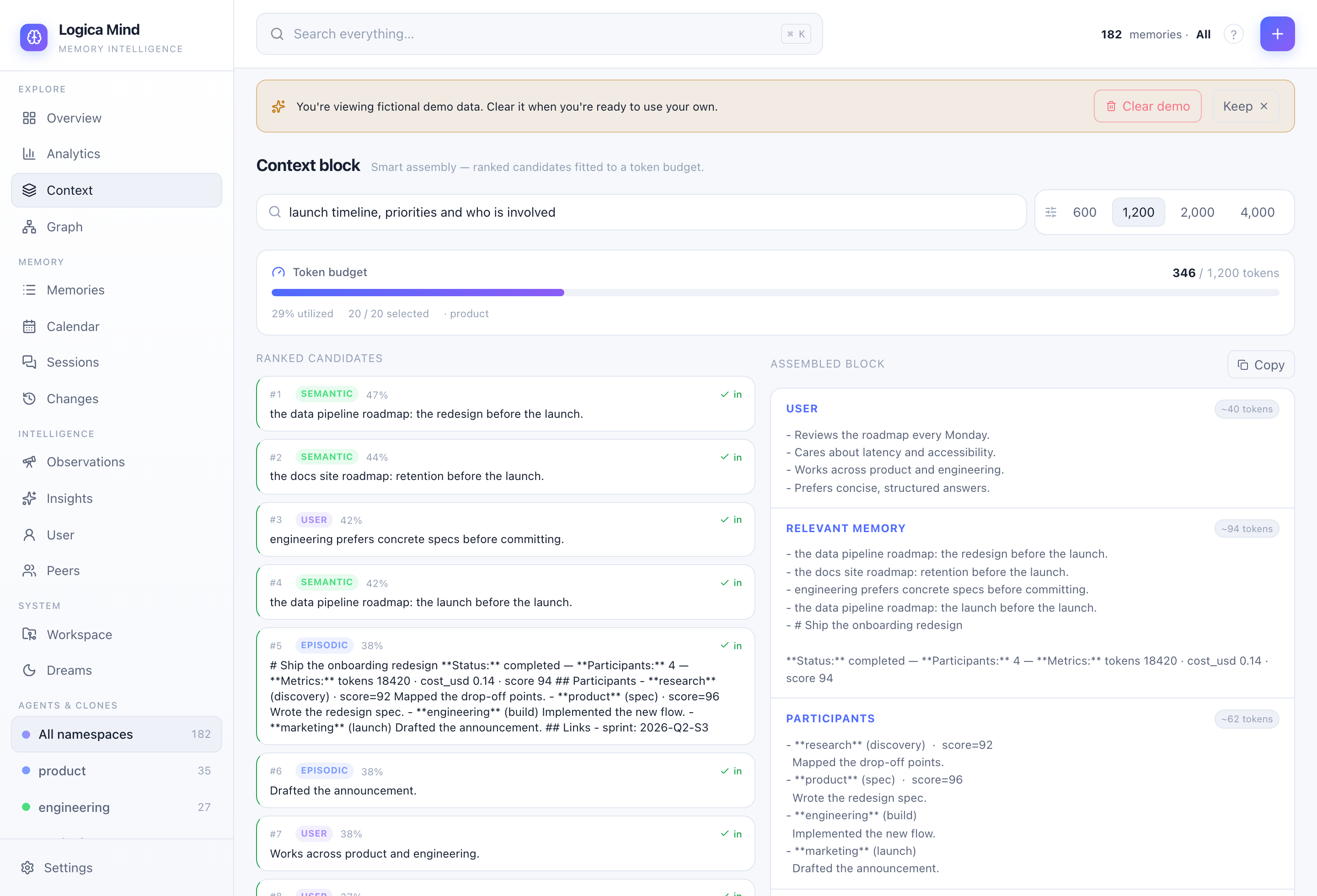 Logica Mind dashboard — smart context assembly