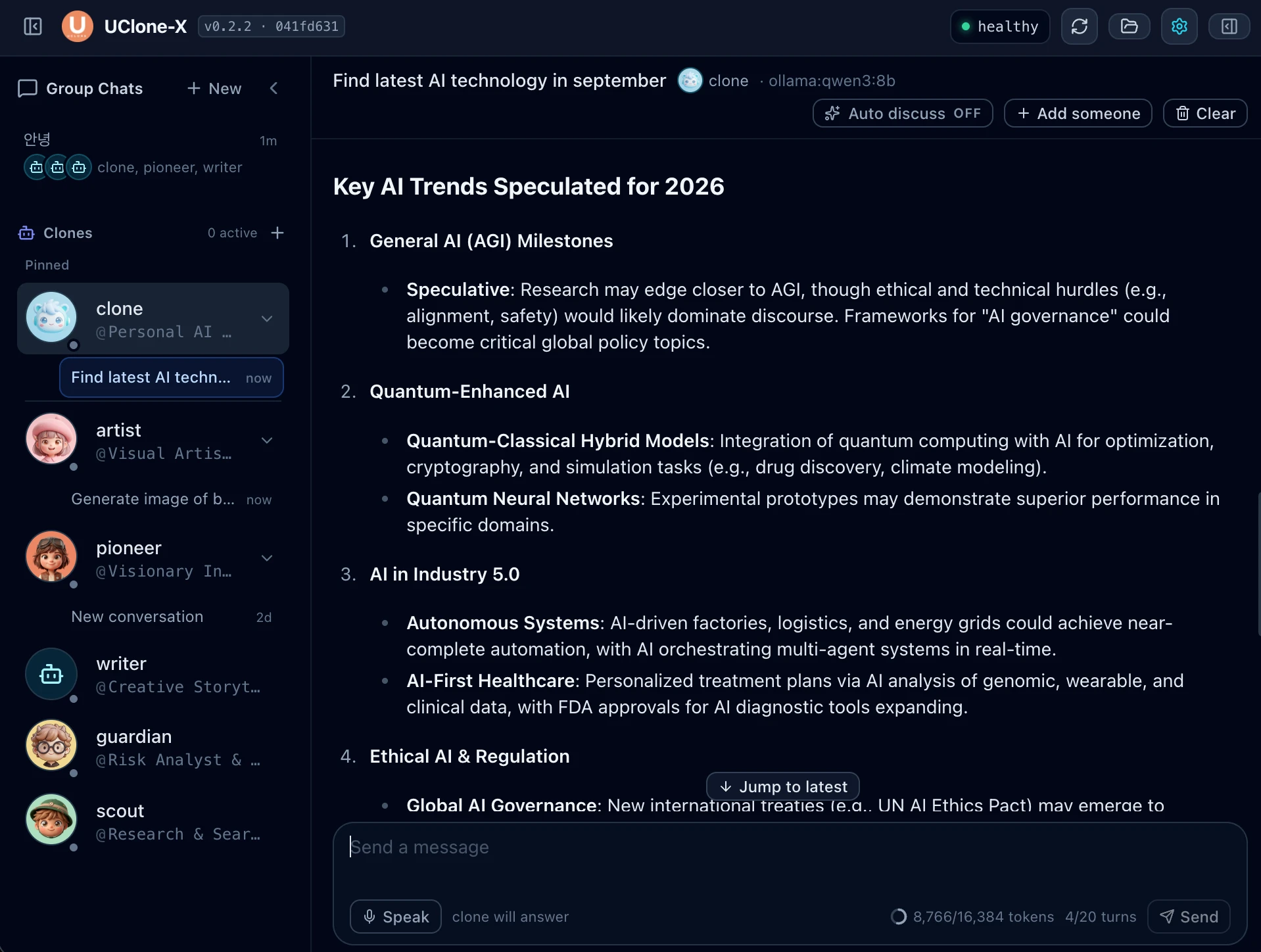 A clone answering "Find latest AI technology in september" with a structured list of AI trends