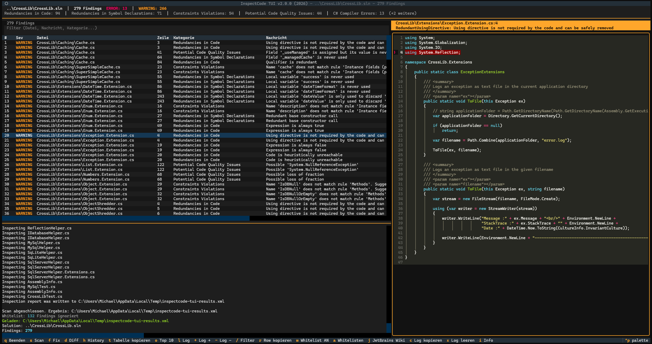 inspectcode-tui main view