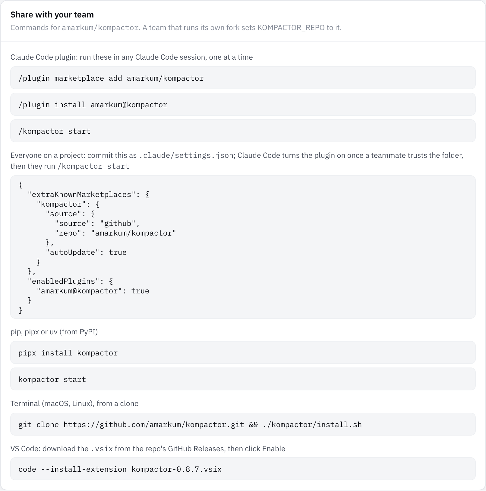 Share with your team: the dashboard's Setup panel