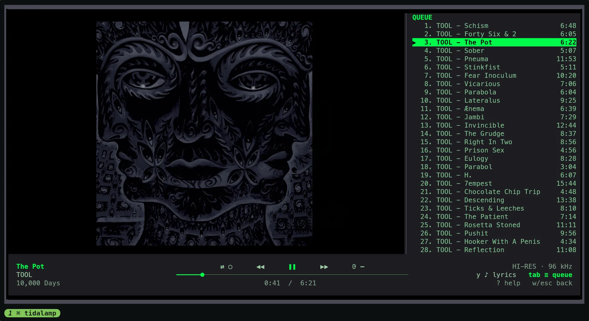 The same view with the queue open on the right: twenty-eight numbered tracks with their lengths, the playing one highlighted, and the cover shifted left to make room