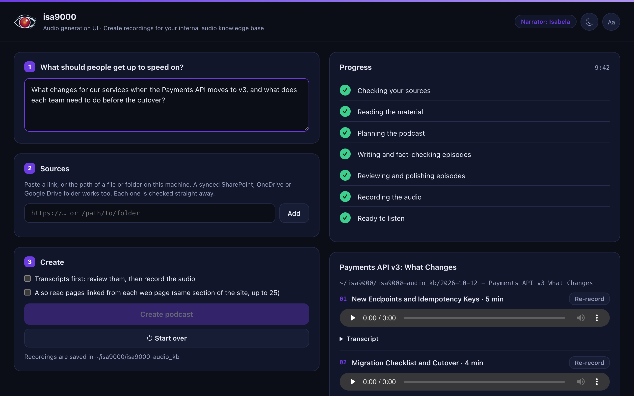 The isa9000 audio generation UI