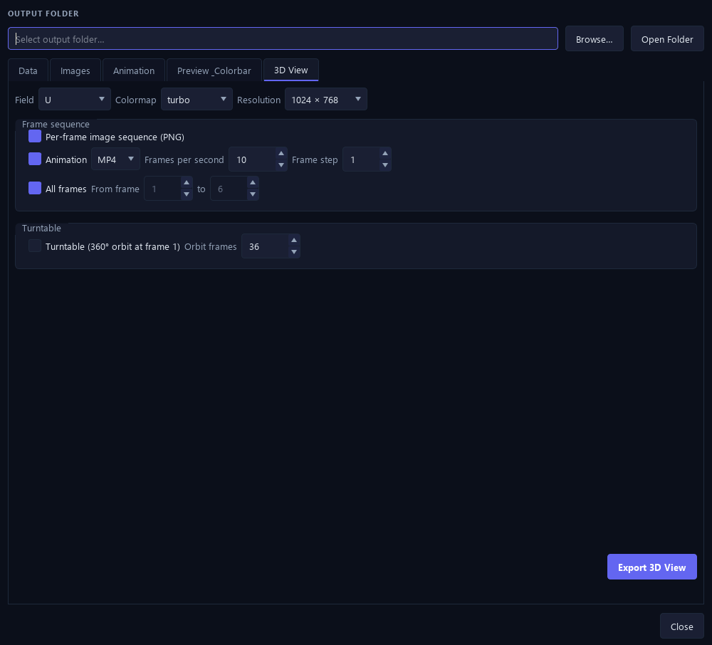 Export dialog — data, images, animation, and 3D-view export pages with field and format selection