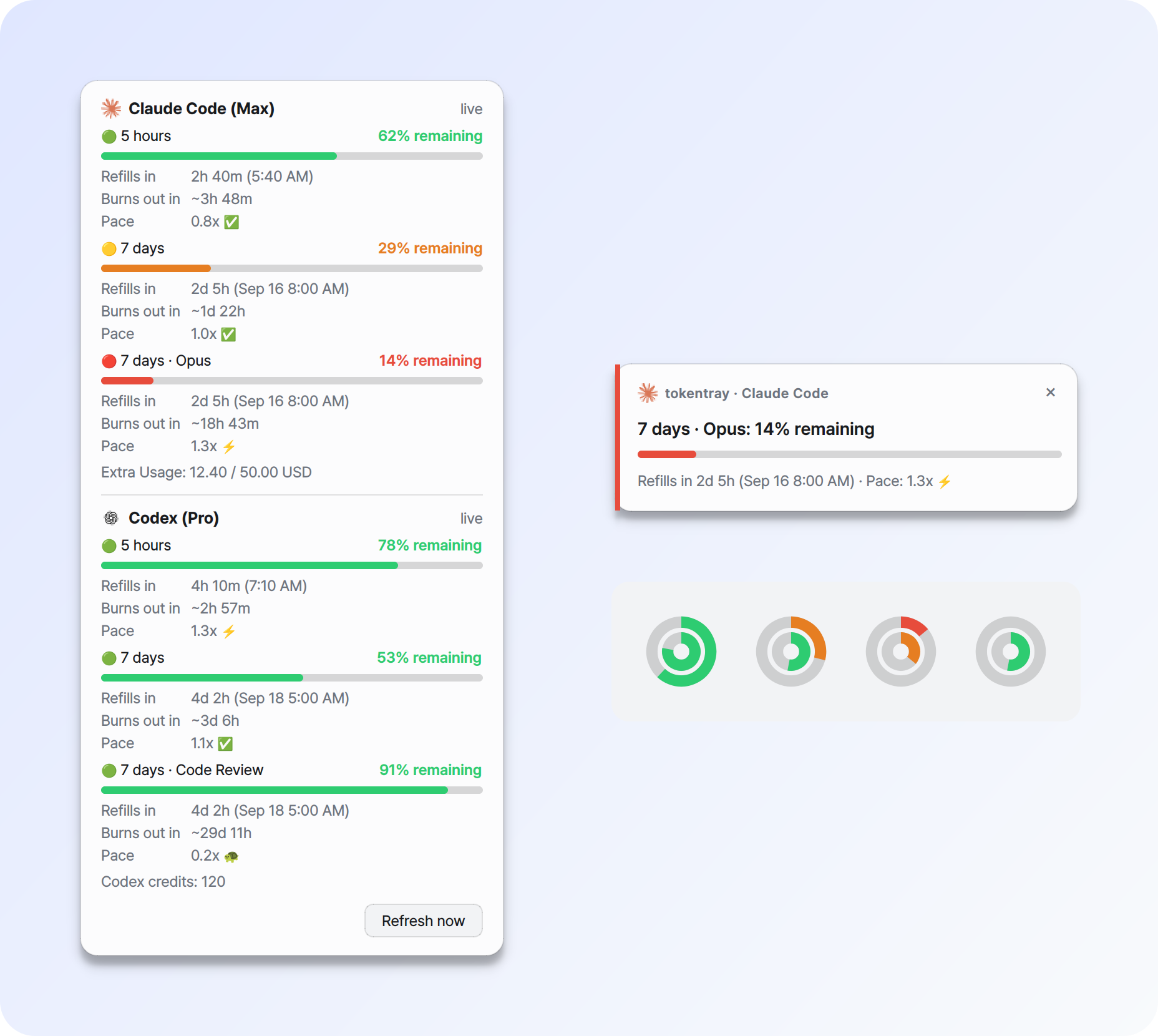 tokentray detail panel, an alert card and tray icon states