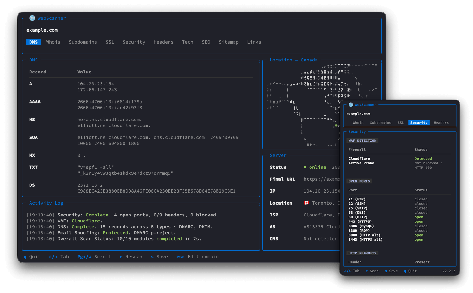 WebScanner — DNS tab, with the responsive narrow layout inset