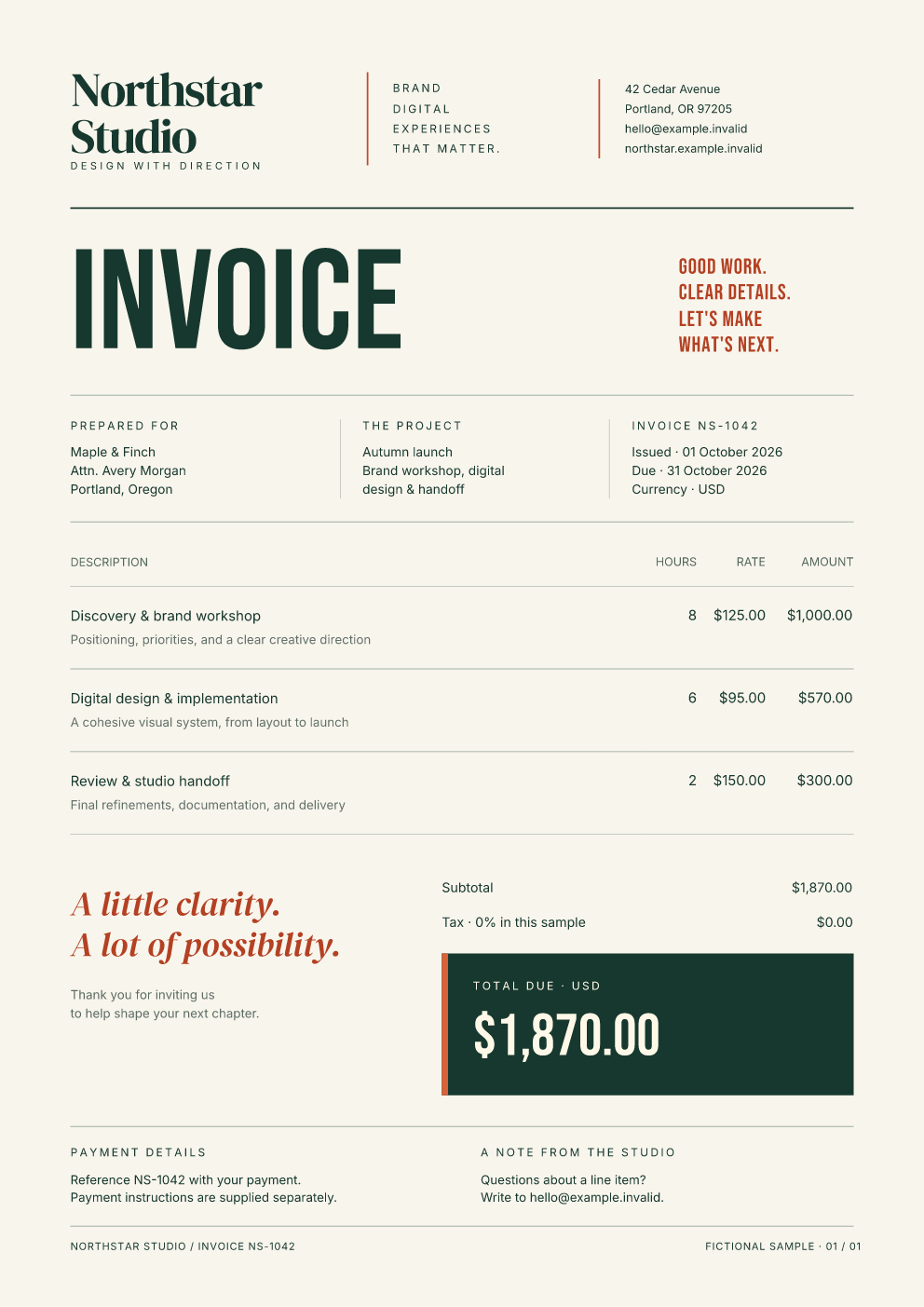 Northstar Studio invoice rendered by Fullbleed, with serif typography and forest-green tables