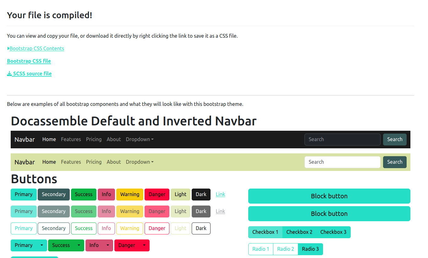 A screenshot with the title "Your file is compiled!", below is the text "You can view and copy your file, or download it directly by right clicking the link to save it as a CSS file". Below that are examples of Bootstrap components like buttons and nav bars.