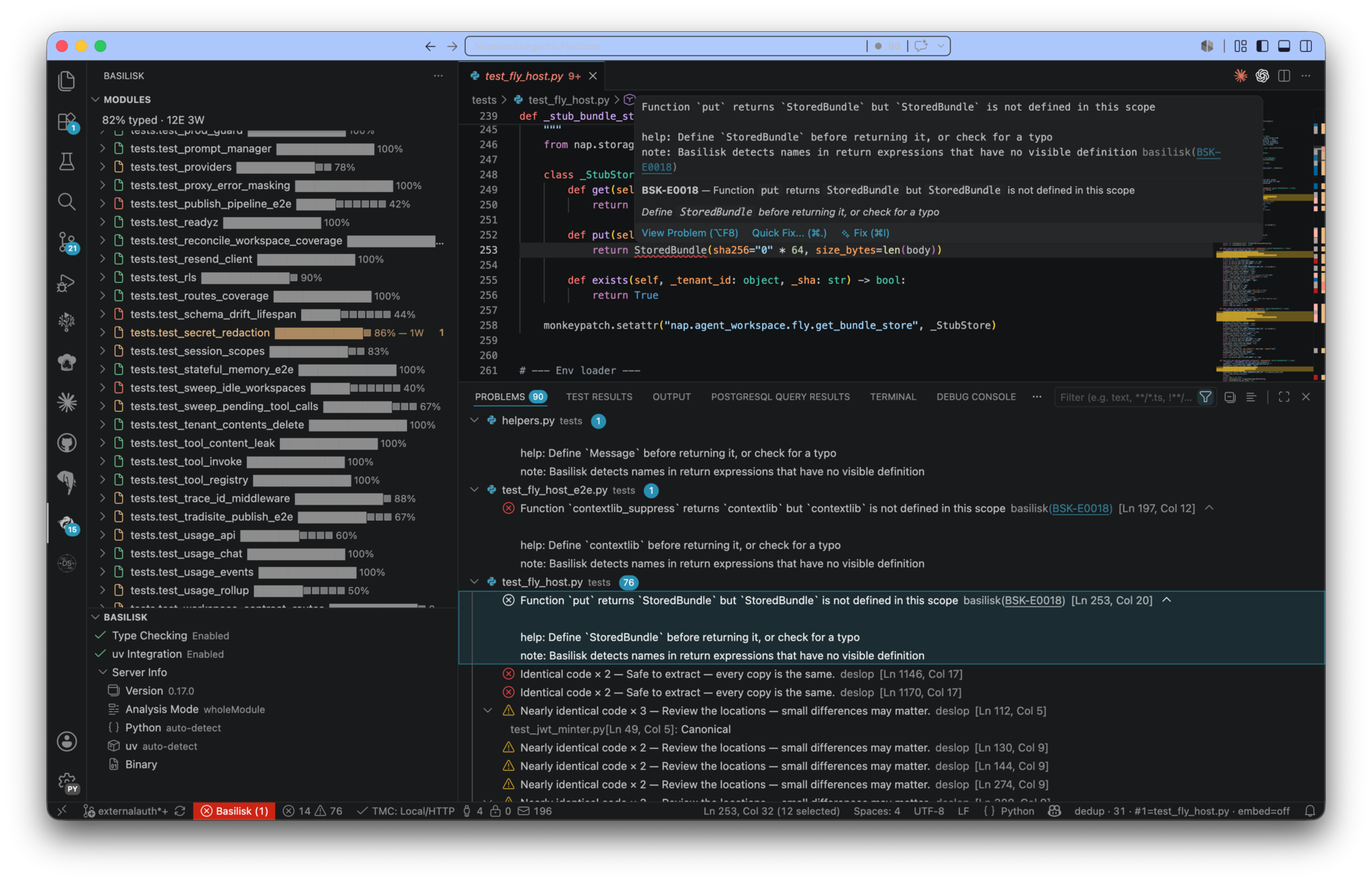 Basilisk in action — type checking, diagnostics, and refactoring in the editor