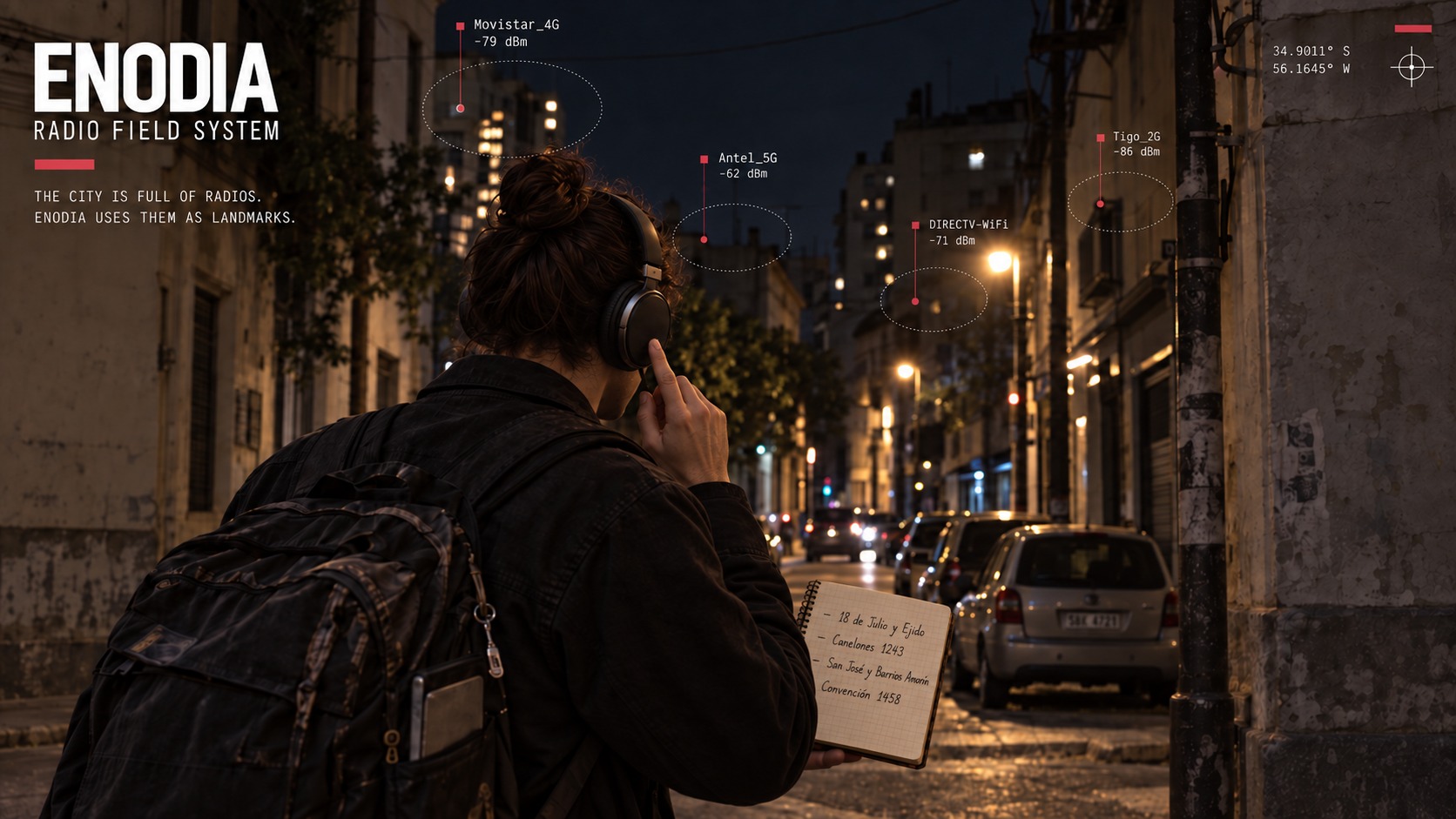 A walker on a Montevideo street, carrying a laptop in a backpack, pressing a headset button and holding a notebook of street crossings.