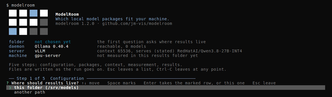 The start screen: the mark, four facts (no folder chosen yet, Ollama 0.40.4 with 0 models, the vLLM server at context 65536 and this machine, not measured yet), and the first question
