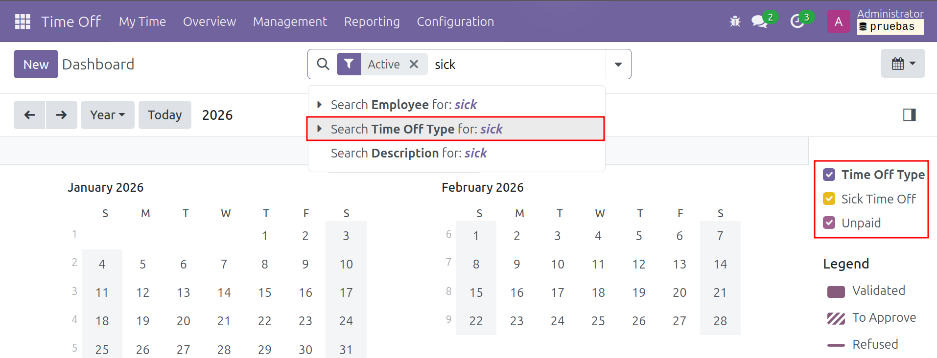 Leave Type filters at Overview