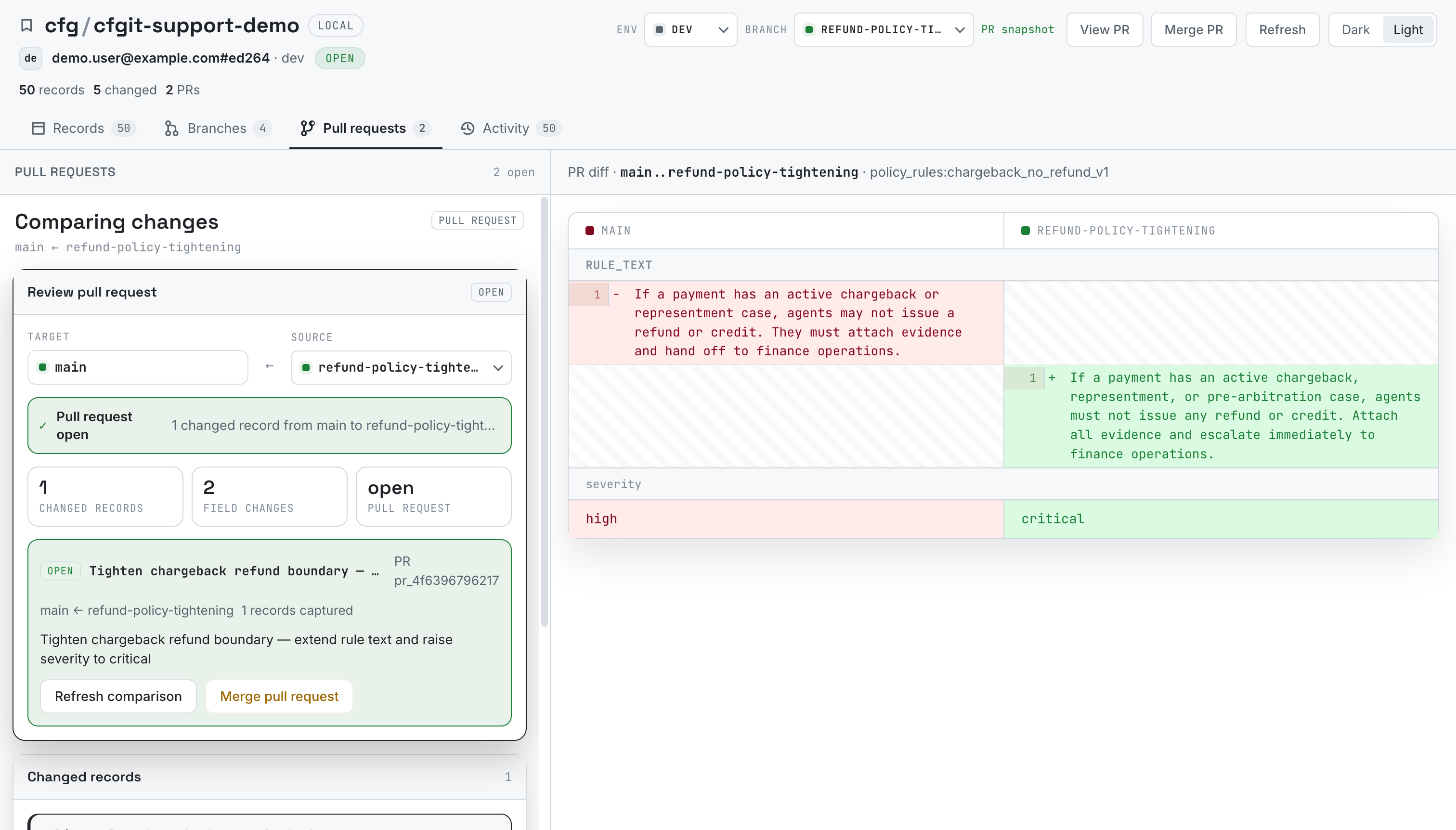 Open cfgit pull request reviewing a policy-rule change on a draft branch with a line-aligned diff and merge action