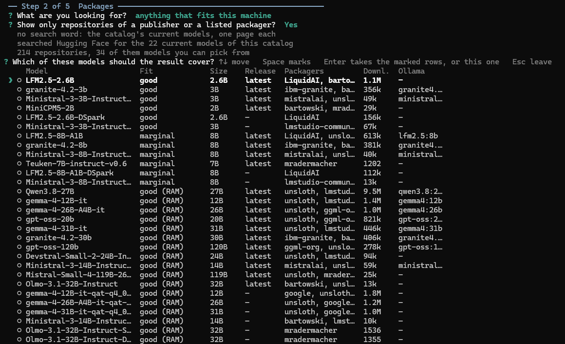 Step 2 with an empty search word: the catalog's current models, one page each, ranked by fit