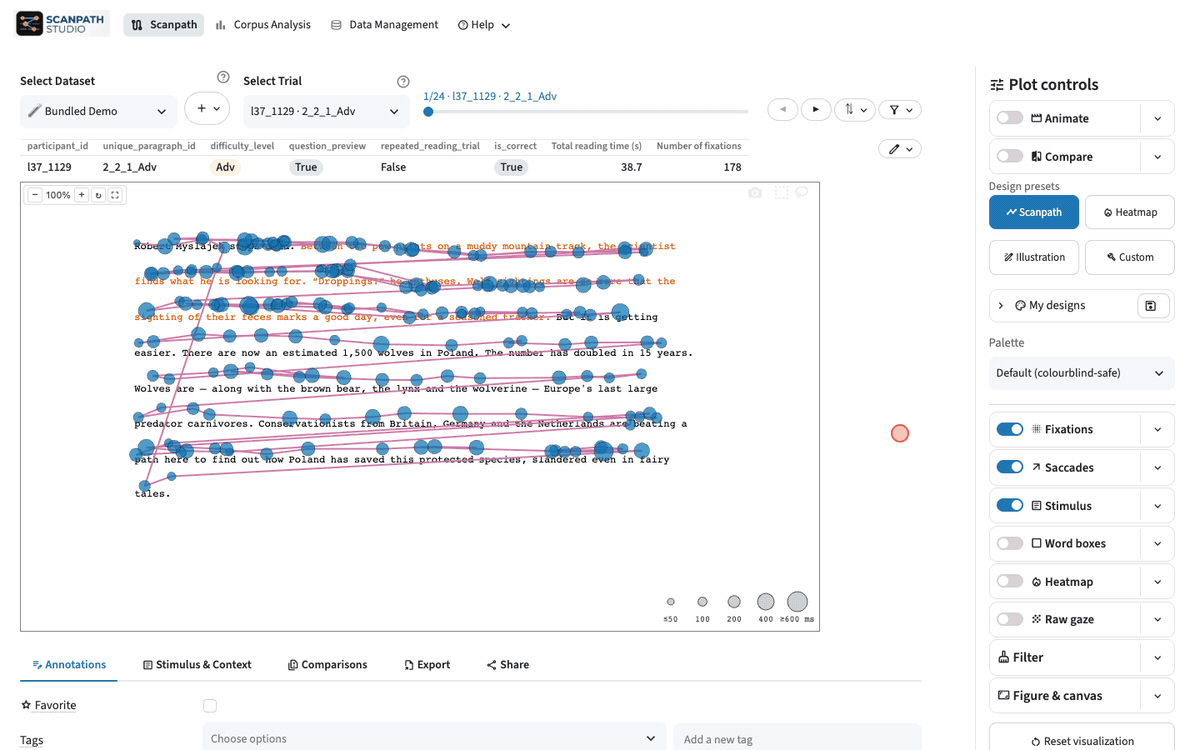 Using Scanpath Studio: stepping through trials, a heatmap, a replay, a two-participant comparison and Corpus Analysis