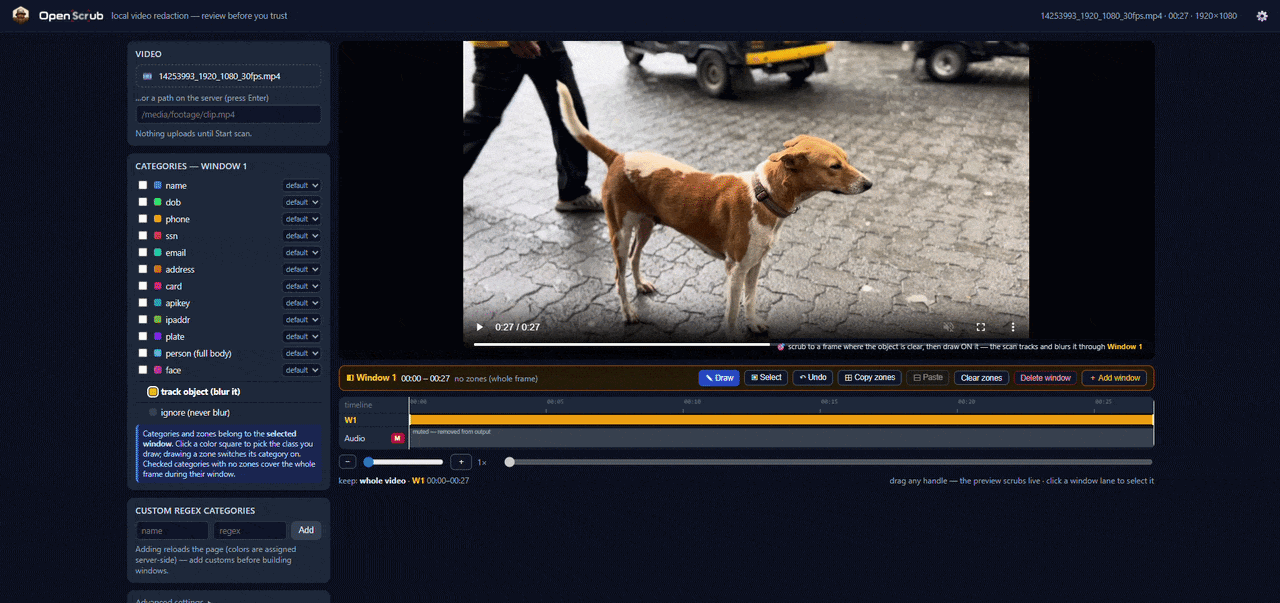 OpenScrub editor in action: a video loaded on the timeline with stackable detection windows, per-window categories and zones, and audio-track lanes