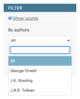ForeignKeyFilter dropdown with a search box, listing authors