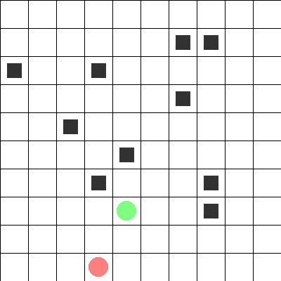 One predator and one prey moving on a 10x10 grid with obstacles
