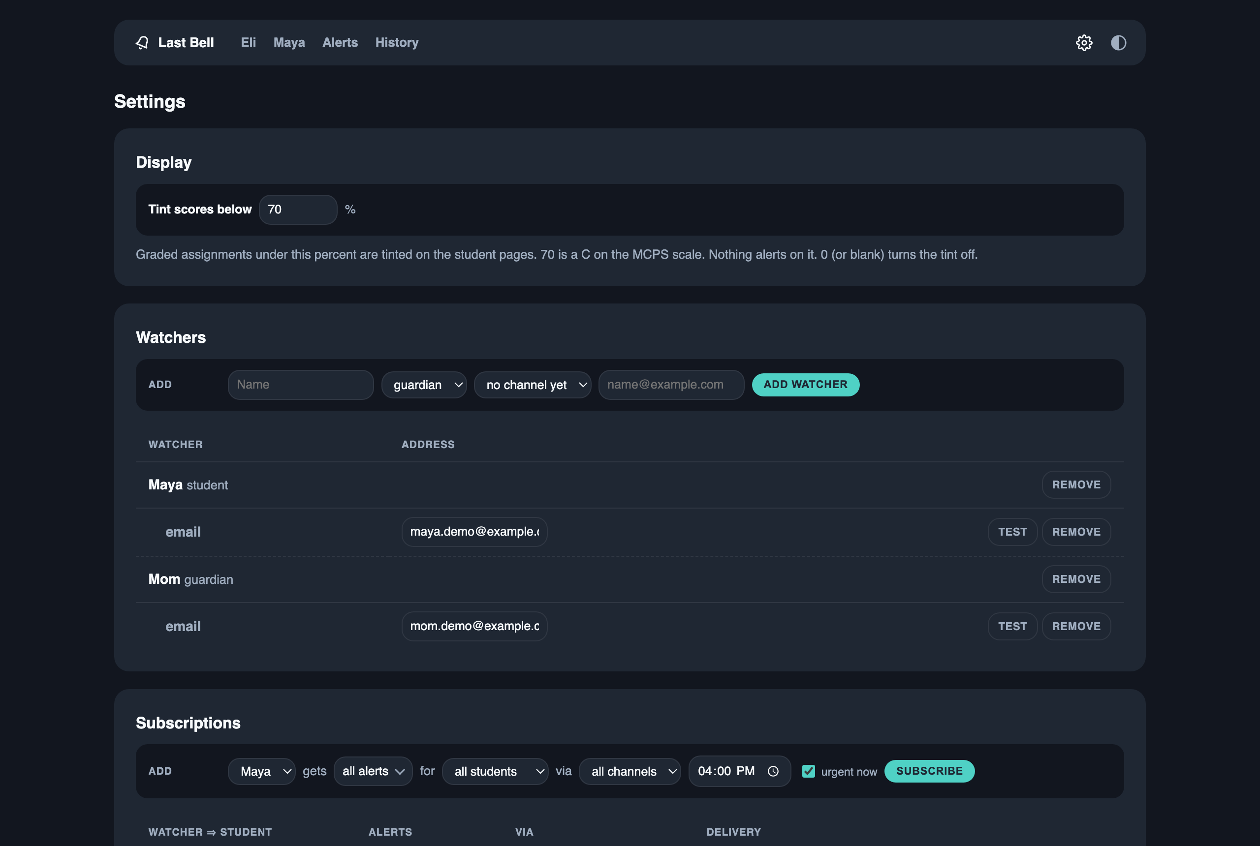 Settings: display, watchers, channels, and subscriptions