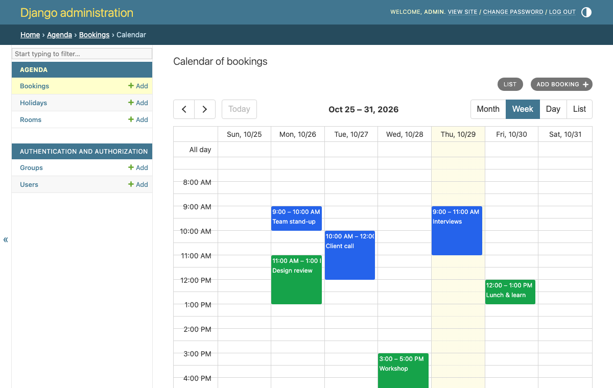 The bookings of a week in the admin's calendar, each in its room's color