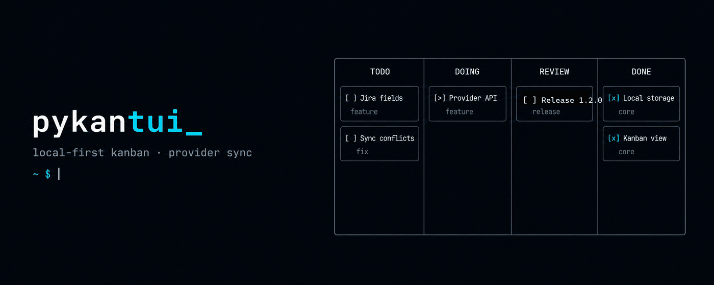 pykantui — local-first terminal kanban syncing a task across provider states