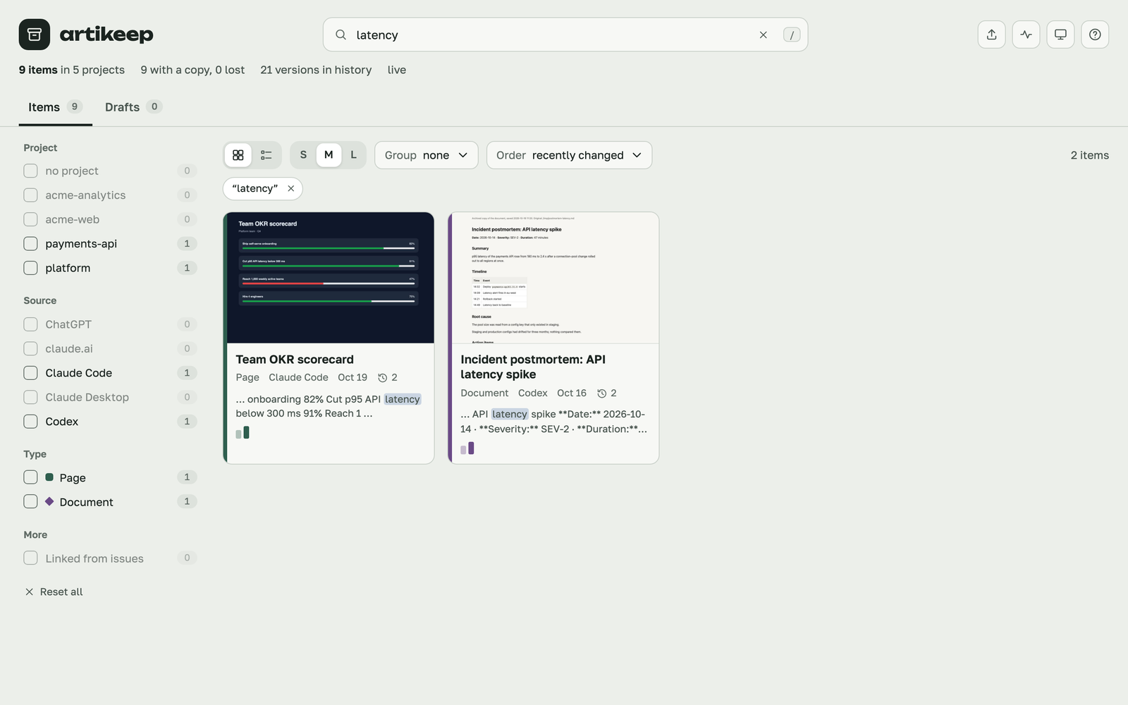 Full-text search across every item, with matches highlighted