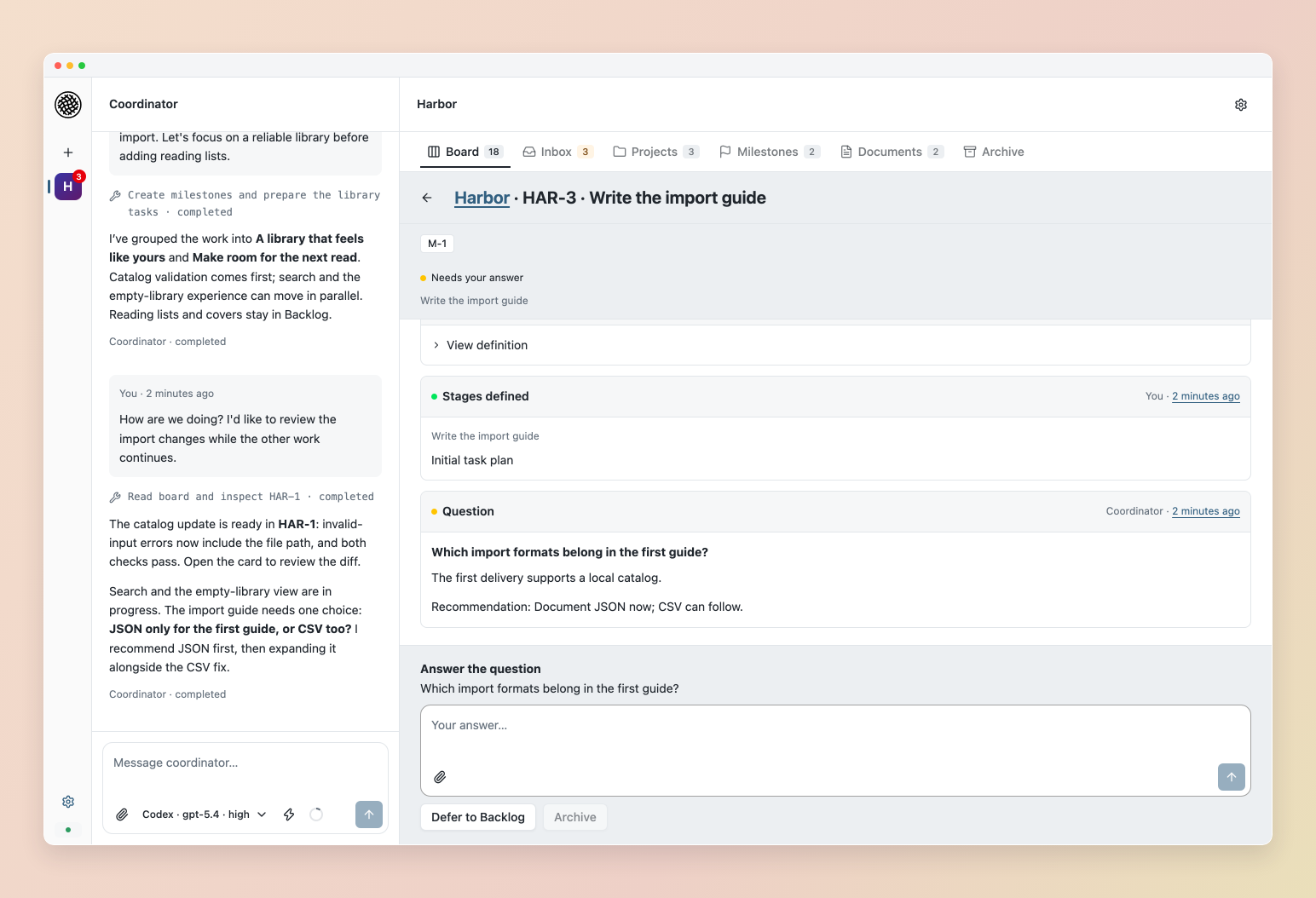 Task conversation with a question and reply controls