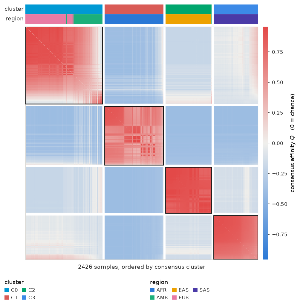 Consensus affinity Q for the 1000 Genomes example, ordered by consensus cluster, with cluster and region strips