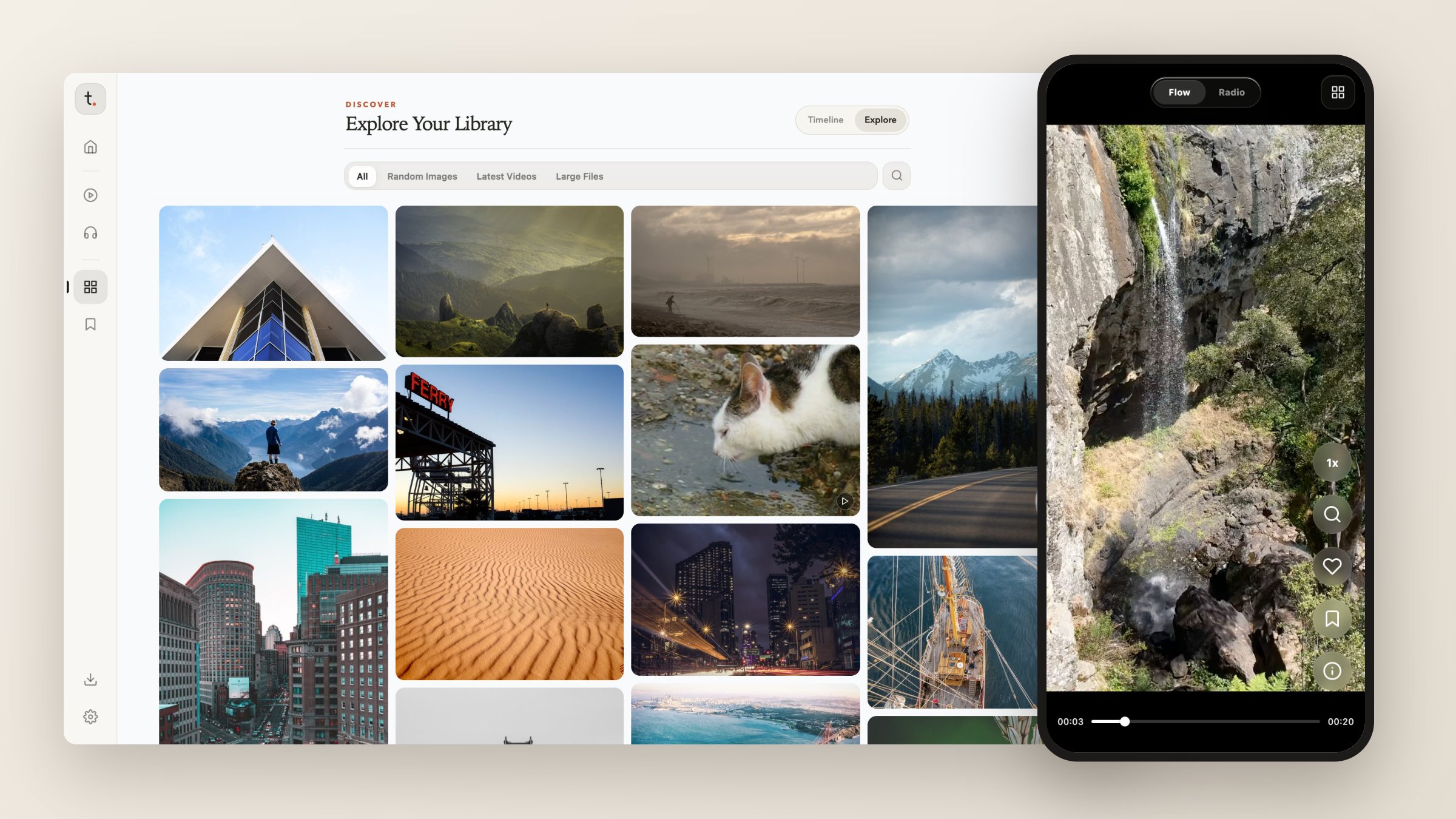 TikLocal Library grid on desktop with the Flow swipe feed on a phone
