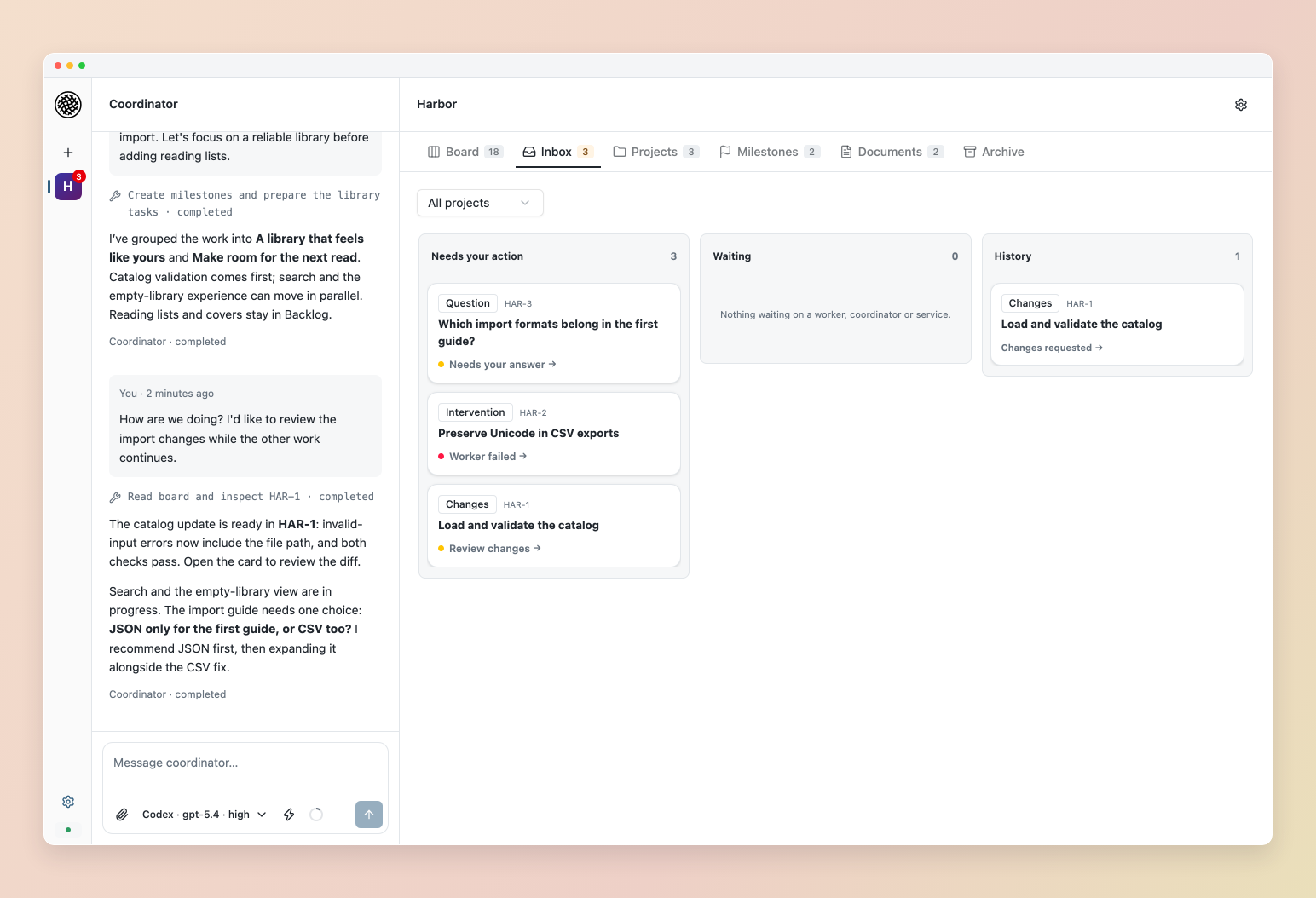 Inbox with a question, a blocker and code ready for review