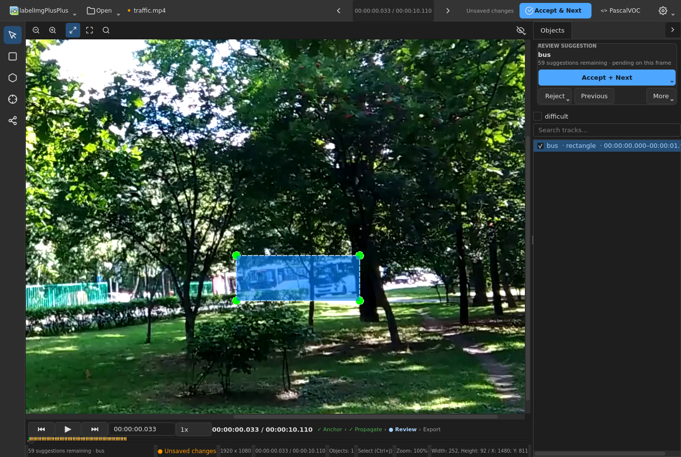 A real video track with a pending propagated suggestion, review controls, and the integrated timeline