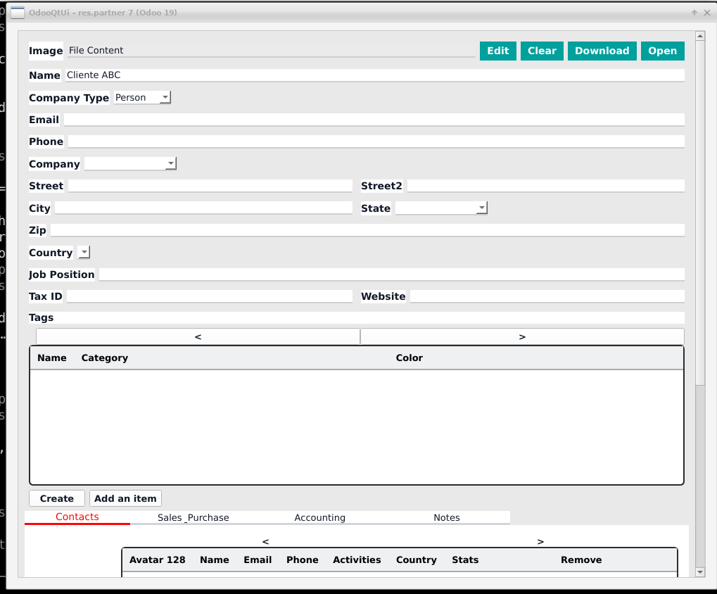 The res.partner form of Odoo 19 rendered by OdooQtUi