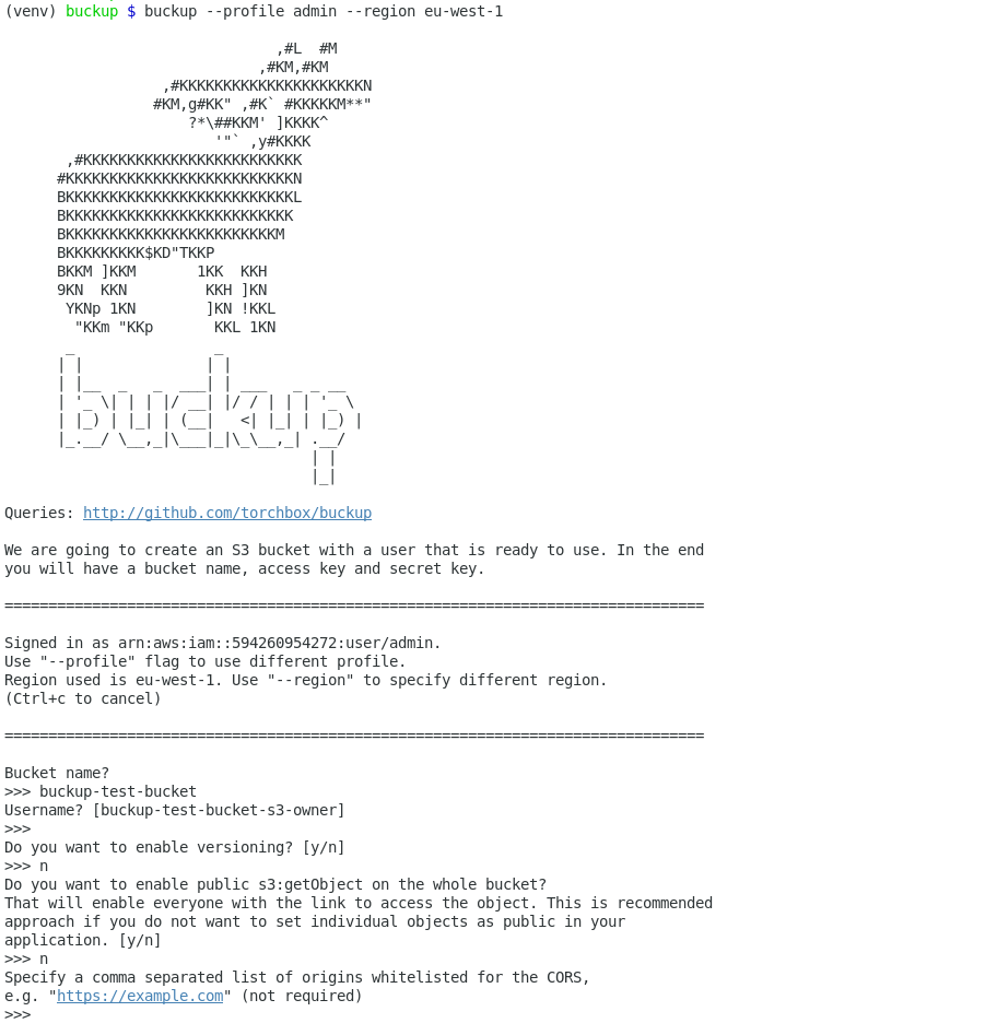 Screenshot of buckup’s command line output, showing the creation of a test bucket