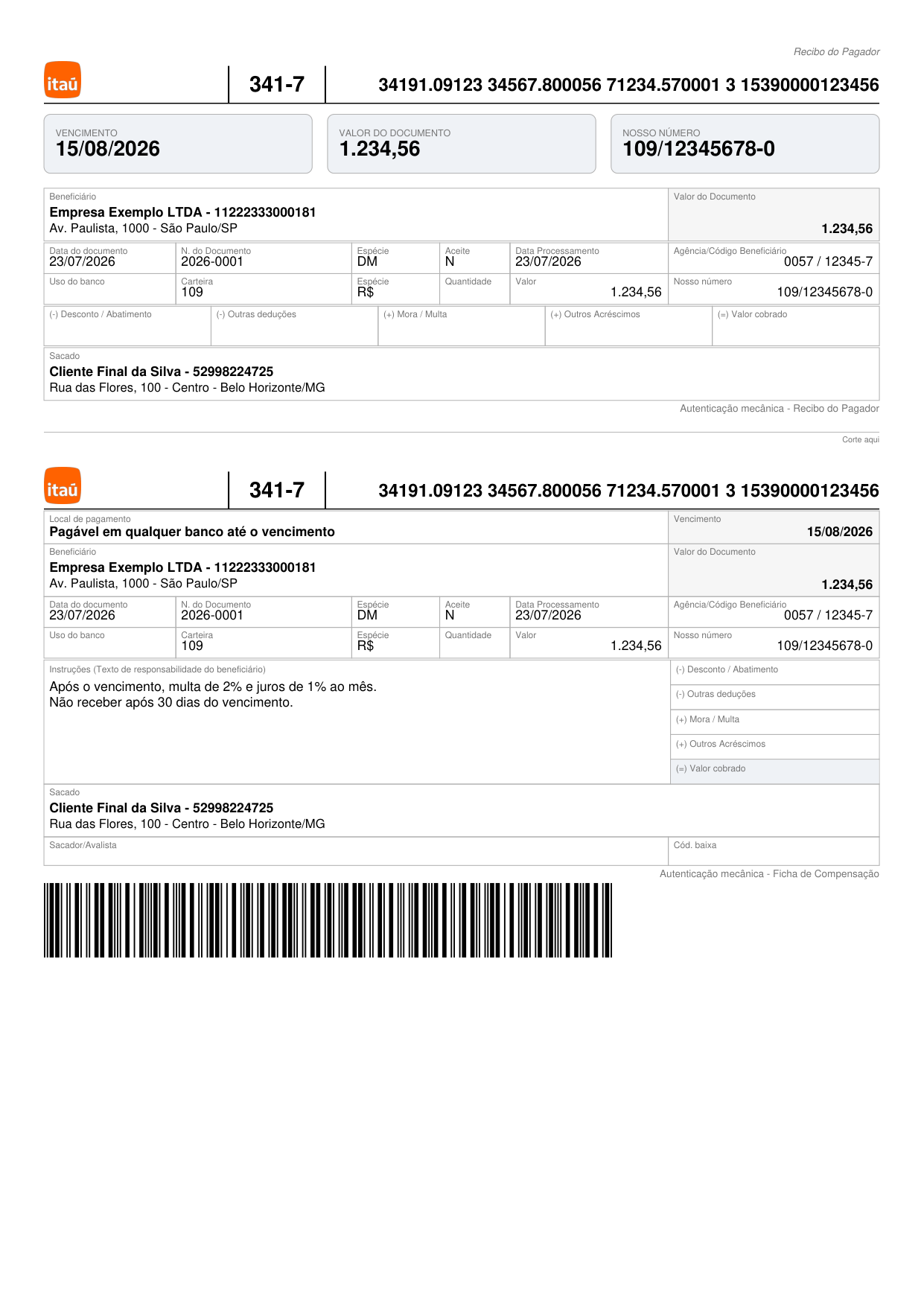 Boleto com o logo do banco no cabeçalho (recibo e ficha)