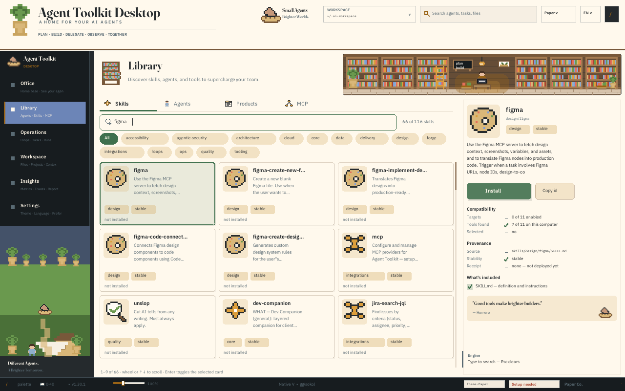 Library: searchable skills catalog with detail inspector